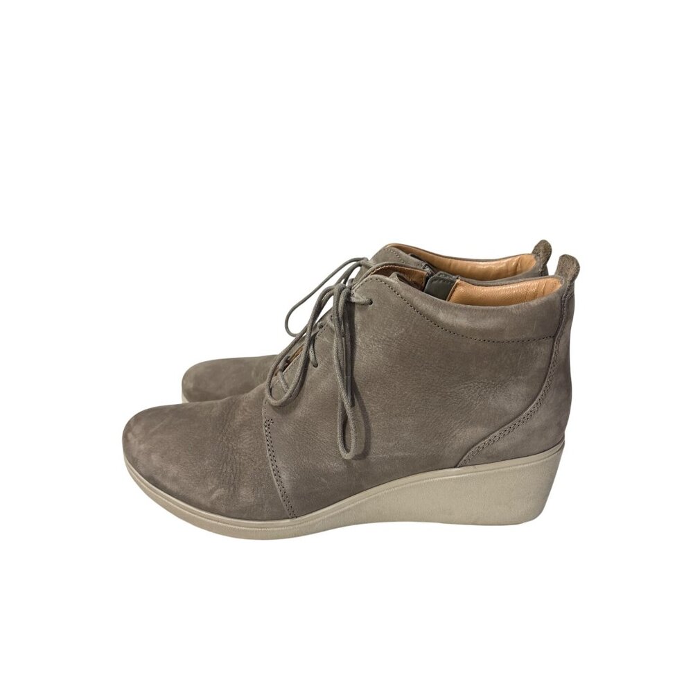 Clarks Unstructured‎ Womens Taupe Wedge Ankle Boots With Side Zippers & Laces Sz